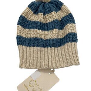 Striped Knit Beanie With Pompom Blue Cream Winter Accessory NWT 0-3 Months